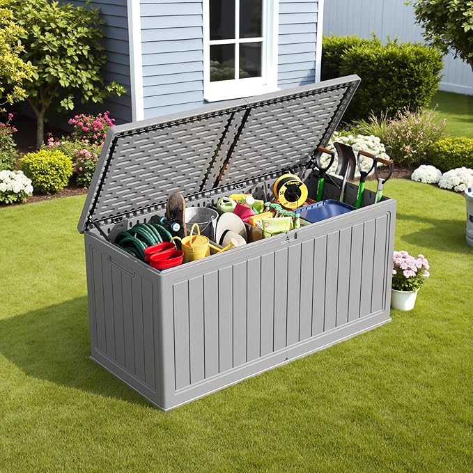 Devoko 260 Gallon Double-Wall Deck Box with Divider, Side Handles, Resin Outdoor Large Storage Box Waterproof and Lockable for Patio Furniture, Garden, Pool (Grey, 260 Gallon)