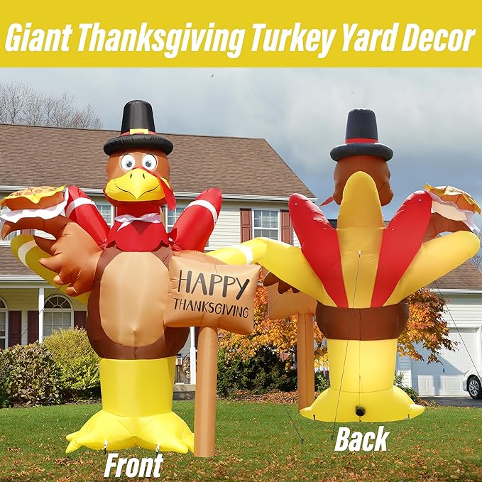 12FT Thanksgiving Inflatables, Super Huge Inflatable Turkey Holding Pumpkin Pie and Happy Thanksgiving Sign, Lighted Blow Up Turkey for Yard Decor Outdoor Lawn Garden Autumn Holiday Harvest