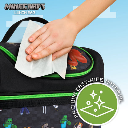 Minecraft Lunch Bag for Kids Insulated Lunch Box Creeper Snacks Food Carrier Options with Water Bottle for School Travel Picnic Cooler Bag (Black)