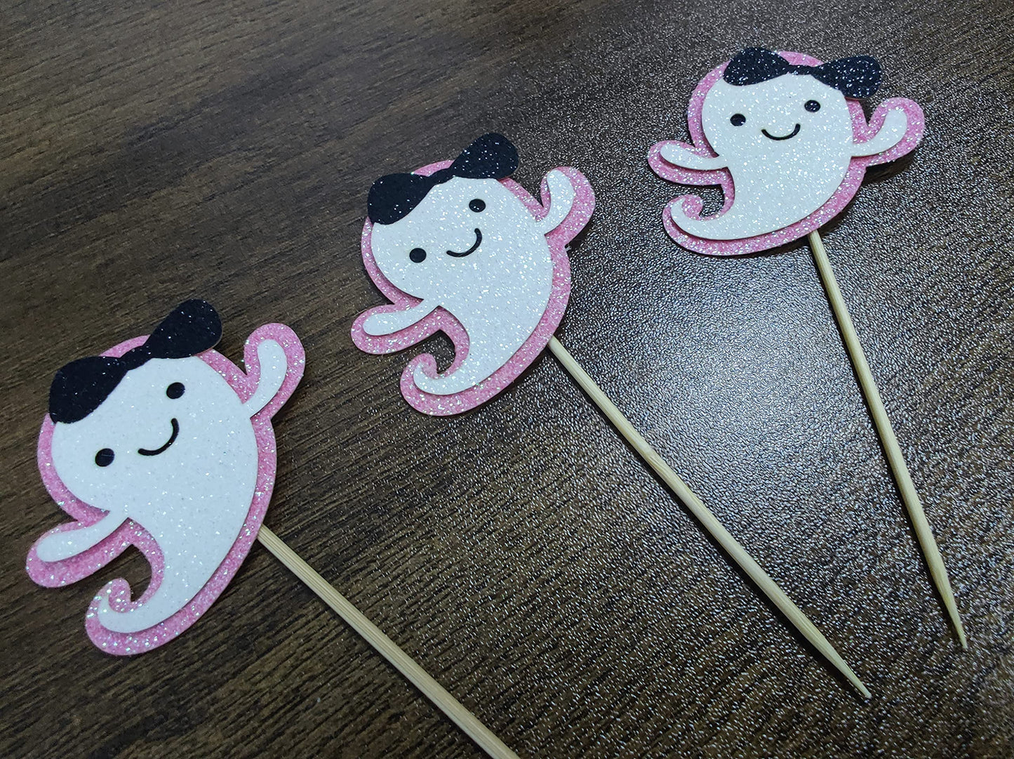 Ghost Cupcake Toppers Pink Glitter, Halloween Ghost Birthday Baby Shower Cupcake Toppers Ghost Food Cupcake Picks for Pink Halloween Baby Shower Birthday Party Cake Supplies - 24Pcs