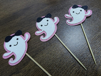 Ghost Cupcake Toppers Pink Glitter, Halloween Ghost Birthday Baby Shower Cupcake Toppers Ghost Food Cupcake Picks for Pink Halloween Baby Shower Birthday Party Cake Supplies - 24Pcs
