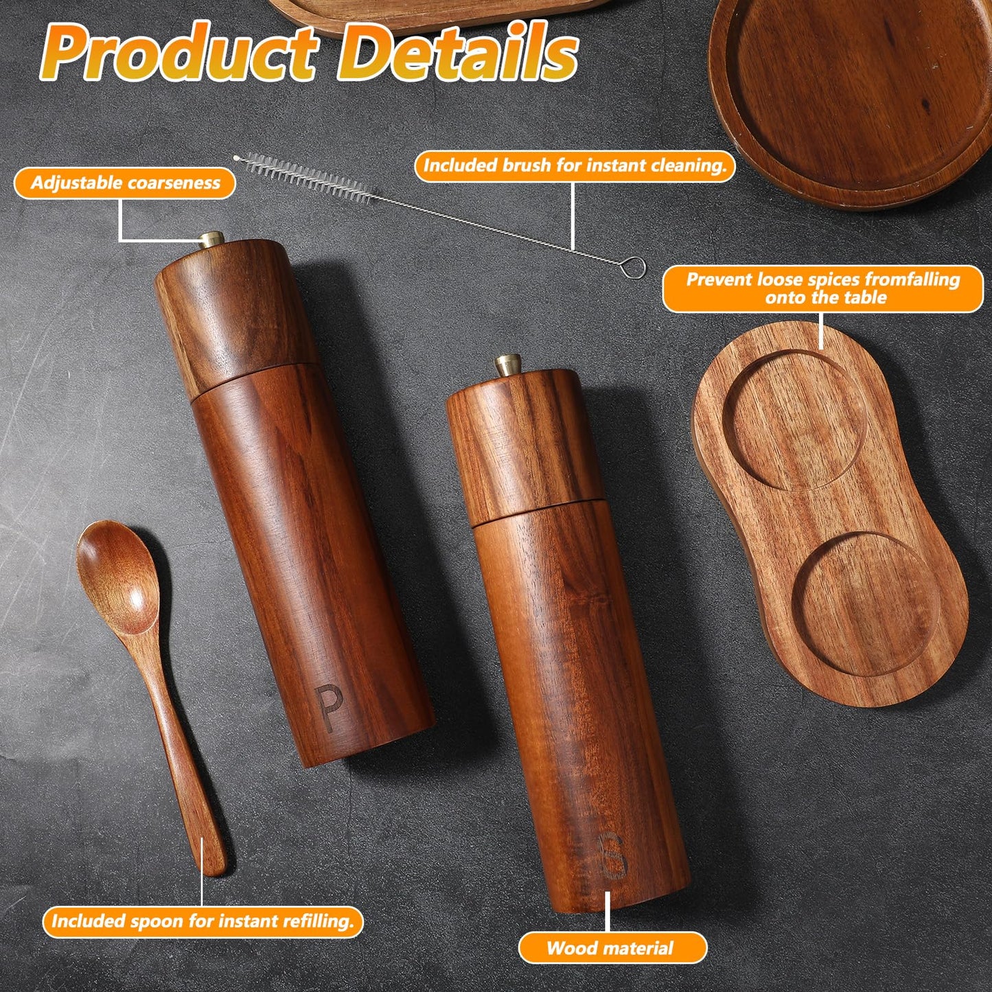 KongTiva 2 Pack Wooden Salt and Pepper Grinder Set, 8 Inch Adjustable Coarseness Manual Salt and Pepper Mill with Brush and Spoon, Acacia Wood Refillable Grinders for Kitchen Home Gift