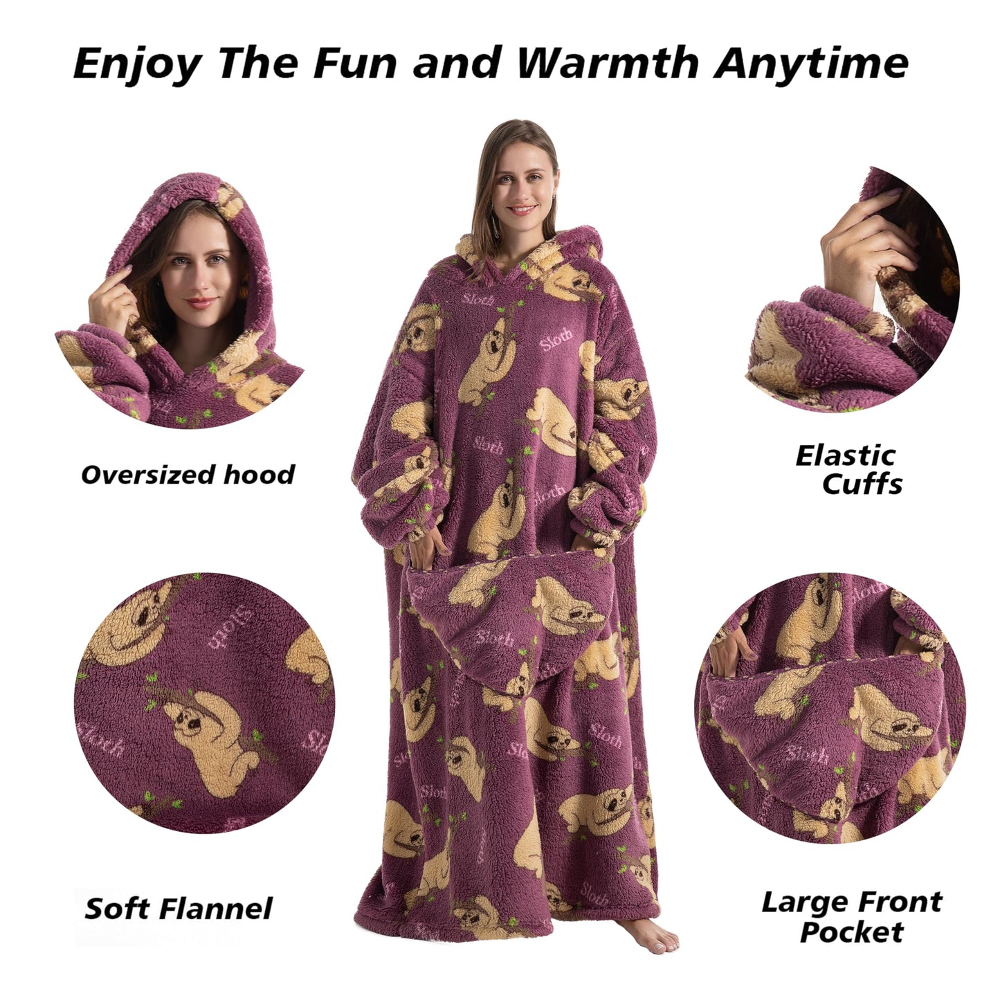 Capecage Blanket Hoodie, Long Hooded Blanket Sweatshirt as Birthday Gifts for Women Men, Long Wearable Blanket for Men Women.(Sloth)