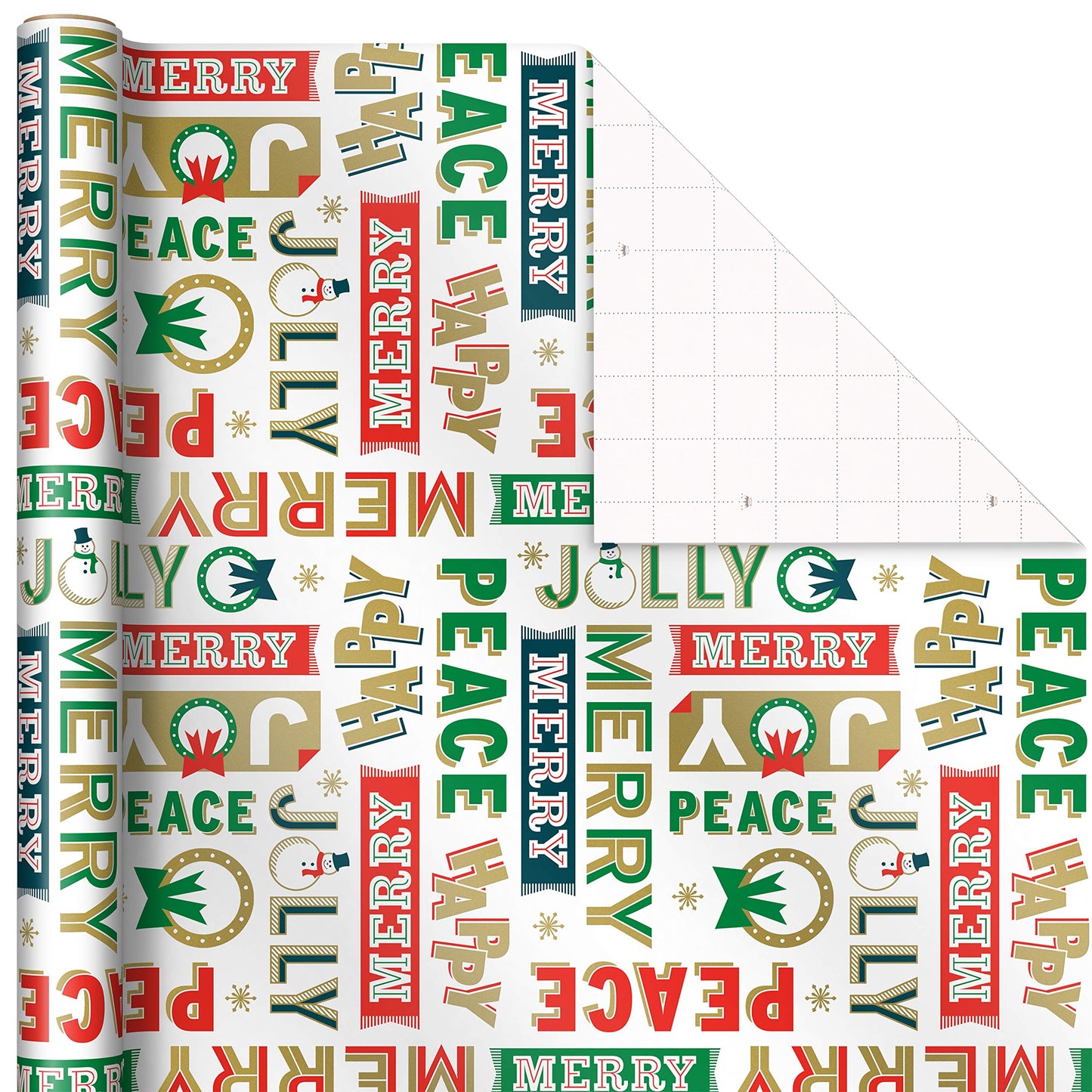 Hallmark Vintage Christmas Wrapping Paper Cut Lines on Reverse (3 Rolls: 120 sq. ft. ttl) Dancing Santas, Classic Snowman, "Merry, Jolly, Happy, Peace"
