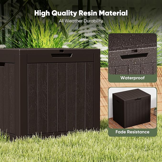 NEWBULIG 31 Gallon Outdoor Storage Box, Waterproof Deck Box with Lockable Lid, Patio Furniture Bench & Side Table, Easy Assembly, for Garden, Pool, Patio & Backyard Organization, Brown