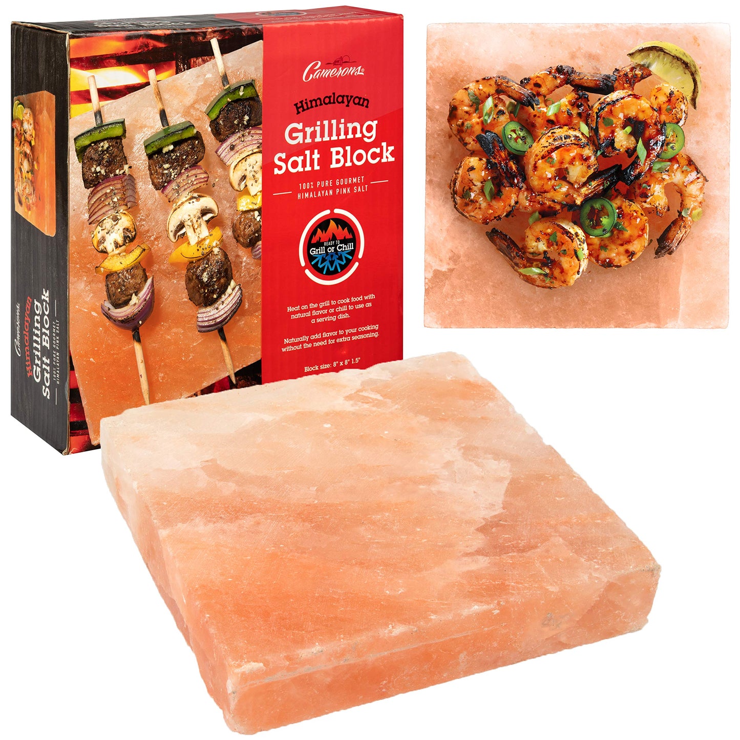 Camerons Himalayan Pink Salt Block for Grilling (8"x8") - Barbecue Grill Slab Maintains Even Temperature Hot or Cold - Naturally Adds Salty Flavor to Cooking - Barbecue Grilling Fathers Day Gift
