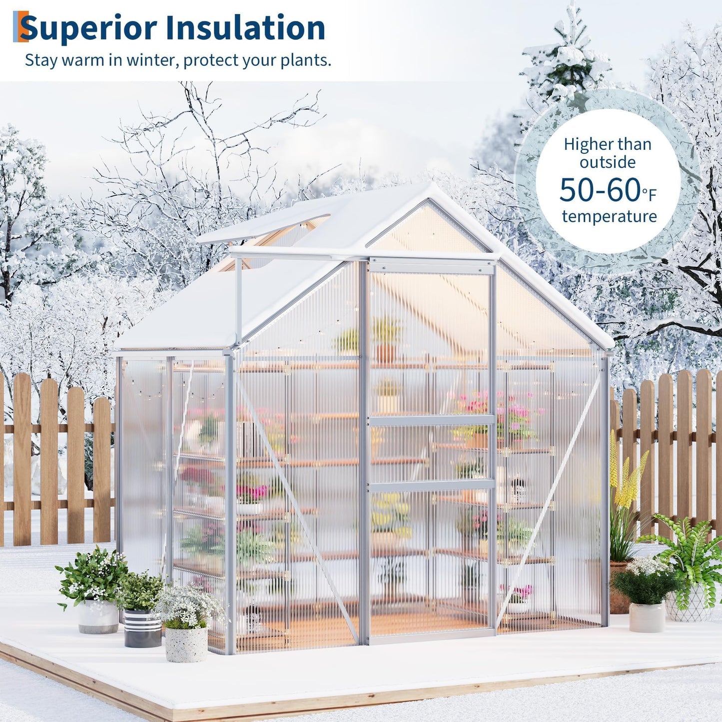 COZONY Heavy Duty Aluminum Frame Walk-in Greenhouse, 6x4 FT Polycarbonate Panels - Sliding Door, Adjustable Roof Vent, Rain Gutter - Weather Resistant Outdoor Garden Structure for Backyard, Patio,