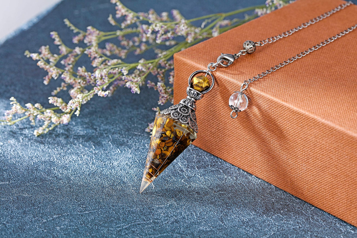 GEHECRST Natural Tiger Eye Healing Crystal Dowsing Pendulum Reiki Gemstone Chips Orgone Pendulum 6 Faceted Hexagonal Pointed Resin Spiritual Pendant for Divination, Wicca, Energy Balancing