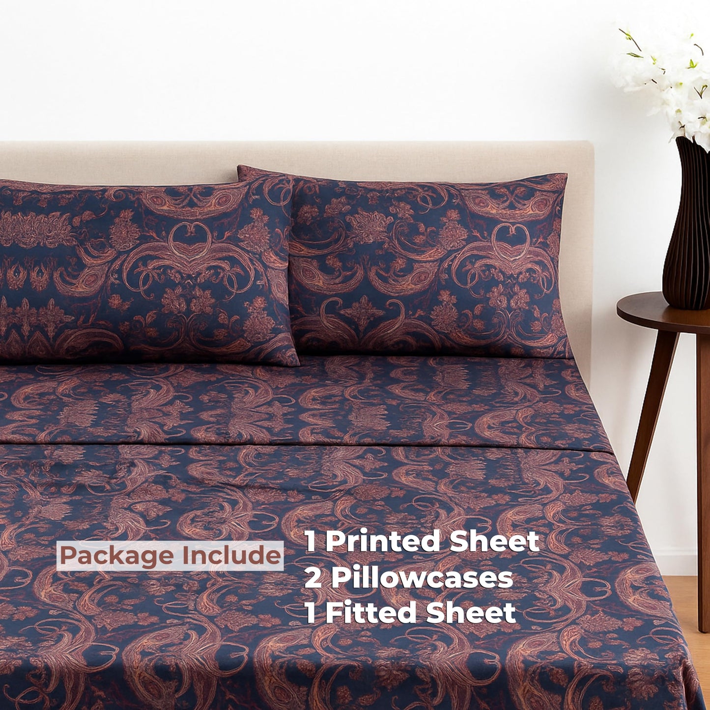 Dreamology Sheets Queen Size Bed Set, 4 Pieces Microfiber Sheet,Printed Sheet Set with Solid Cuffed Detail,Includes 1 Flat Sheet,1 Deep Pocket Fitted Sheet and 2 Pillowcases,Queen Bed sheets (Paisely)