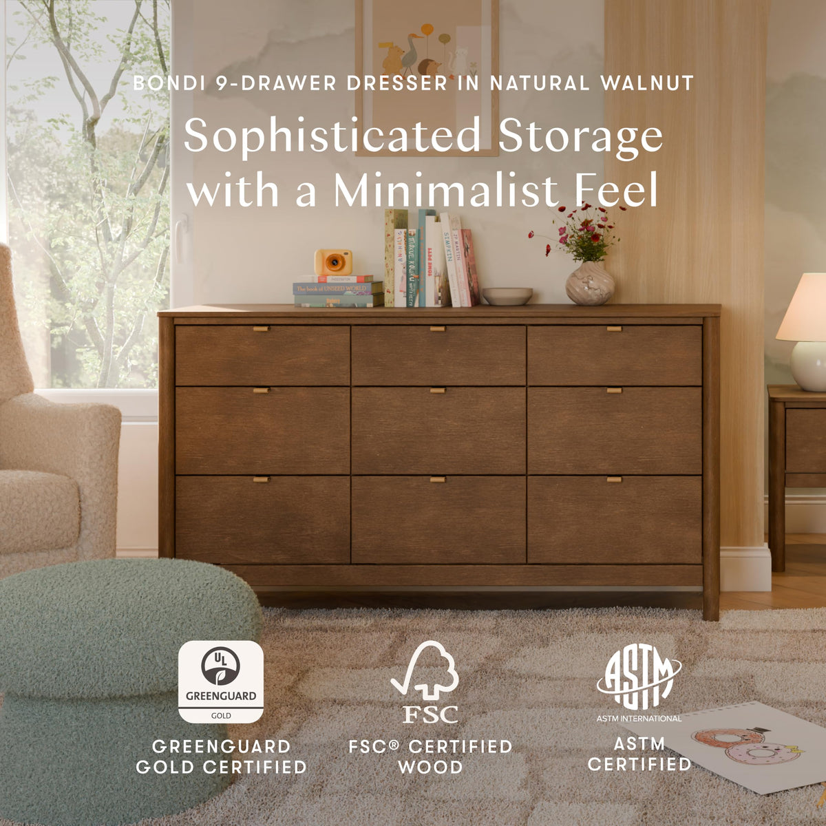 Babyletto Kids Bondi 9-Drawer Assembled Dresser in Natural Walnut, GREENGUARD Gold Certified