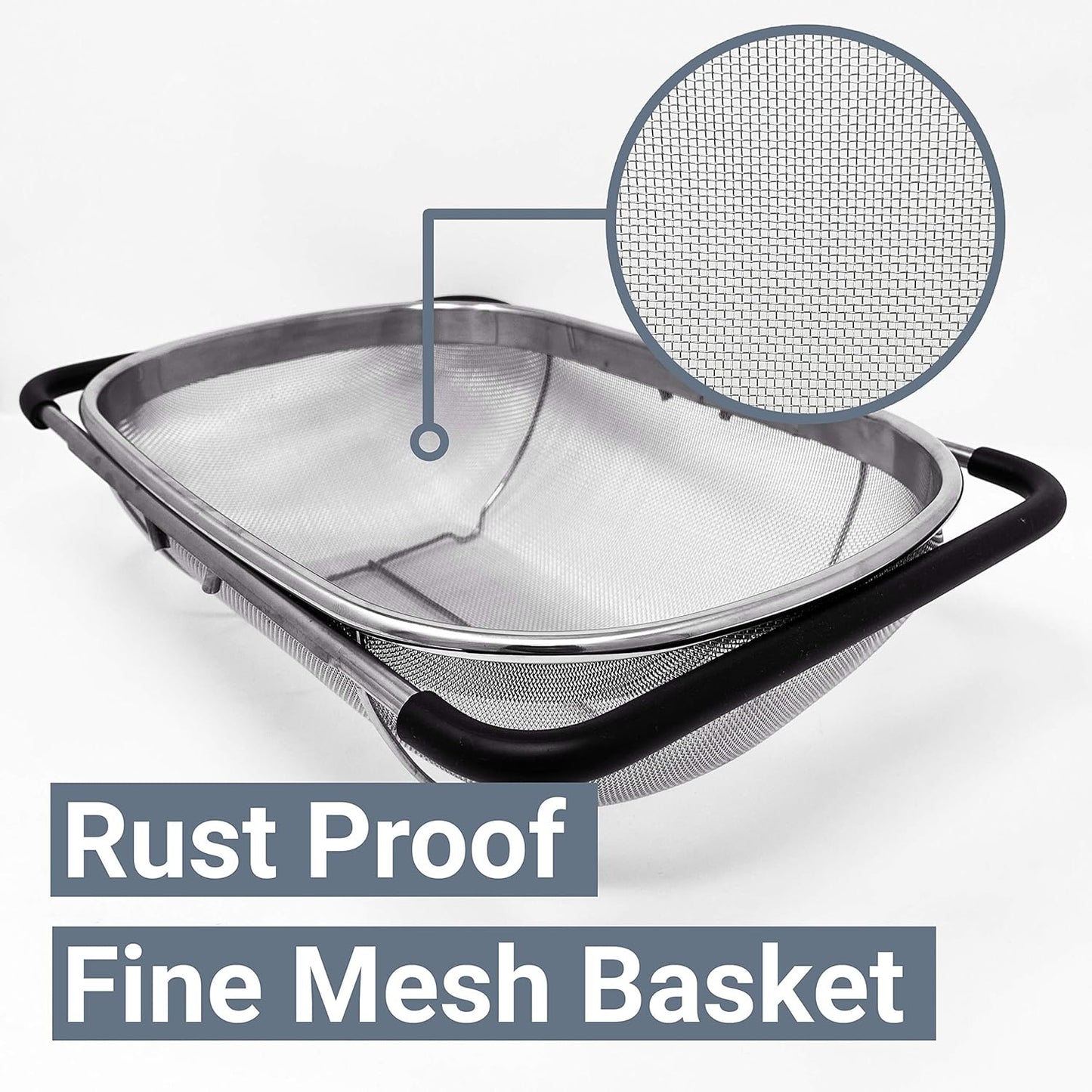 Makerstep Over the Sink Colander Strainer Basket Stainless Steel, For Kitchen Sink with Rubber Grip, Fine Mesh, Large Kitchen Gadgets Tools, Expandable Home Kitchen Essentials