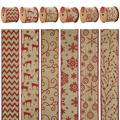 MEEDEE Christmas Ribbon Set - Wired Burlap 2.5 Inch 6 Rolls 36 Yards Red Glitter for Tree Garland, Wreaths, Tree Topper, Bow Making