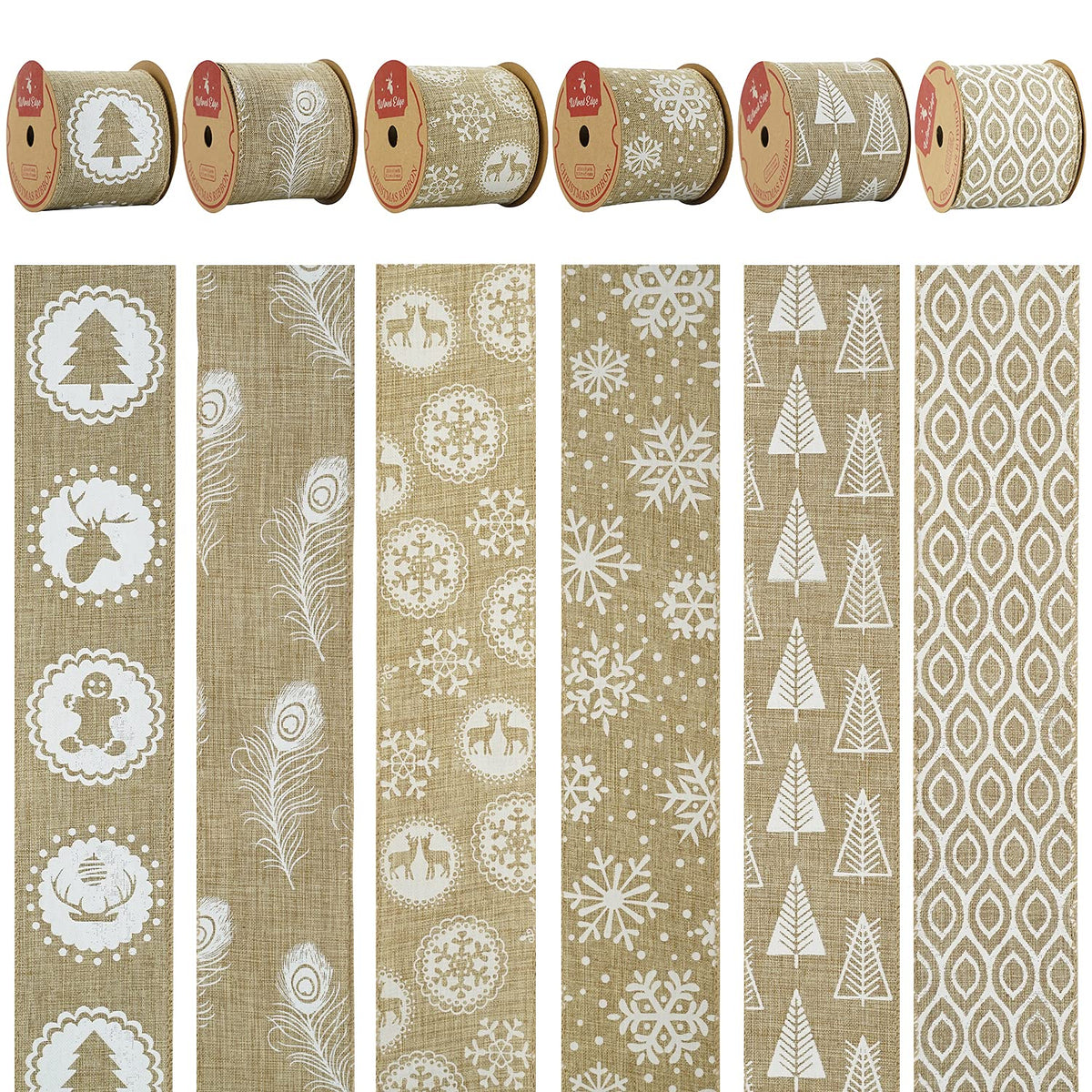 MEEDEE Burlap & White Print Ribbon - Wired Burlap Ribbon, 2.5 Inch, 6 Rolls, 36 Yards - Christmas Tree & Wreath Decorations