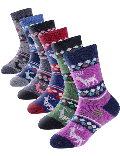 ANTSANG Kids Merino Wool Hiking Socks Toddlers Boys Girls Winter Warm Thick Thermal Crew Boot Heavy Cozy Snow Cabin Gift Snowboarding Socks 6 Pairs for Childs(Christmas Deer,1-3Y)