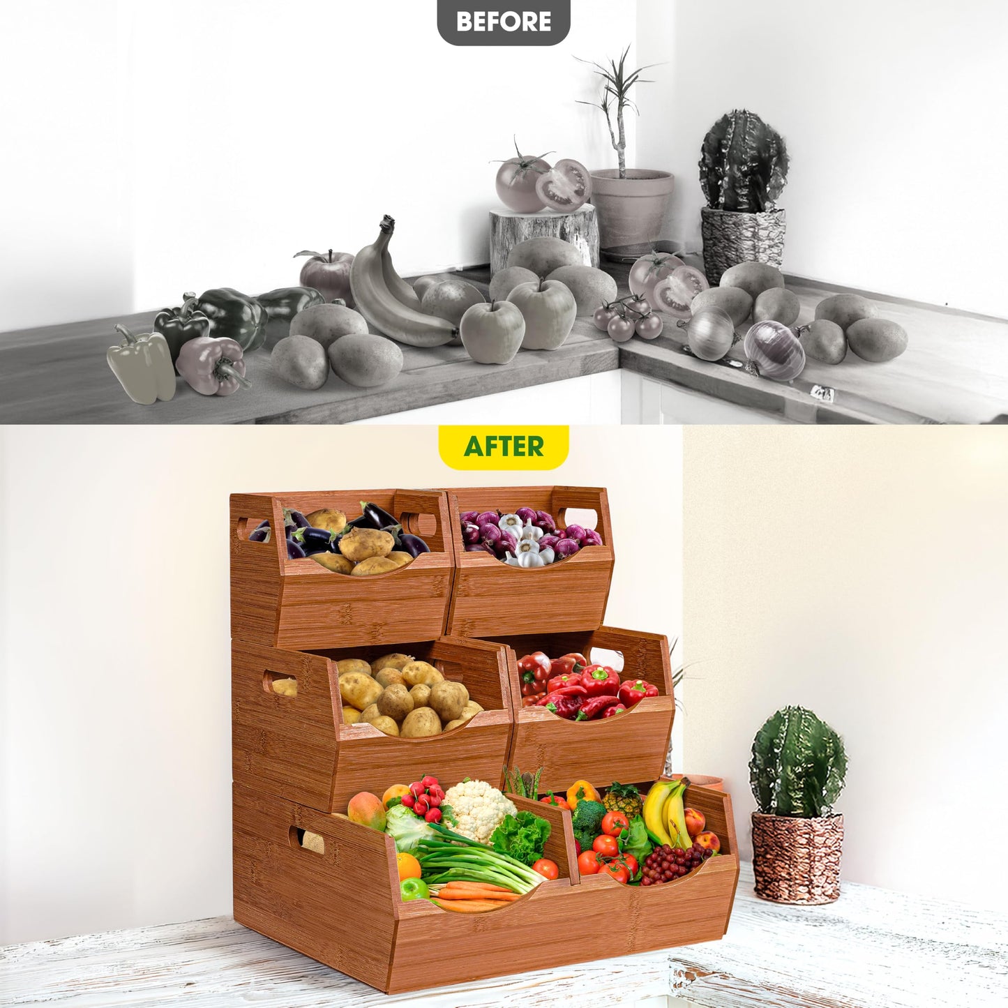 [Upgraded] 3-tier Stackable Bamboo Pantry Storage Bins, Potato and Onion Storage Baskets with Handles, Removable Divider, Pantry Organizer Holder for Kitchen, Office, Cabinet, Fruit Storage (Walnut)