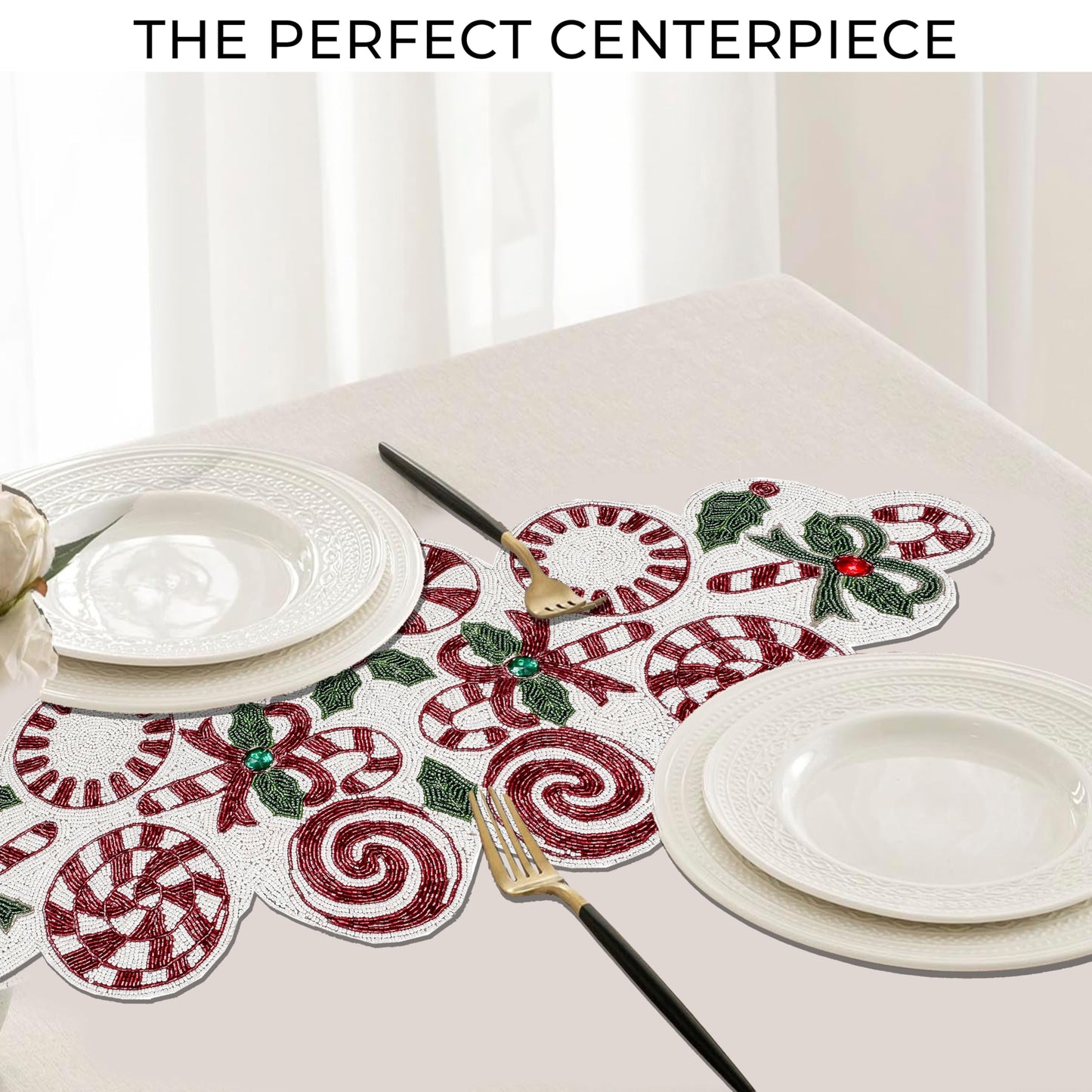 Luxury Beaded Runner 36 inch- Premium 13x36 Inch Candy Beaded & Polyester Christmas Beaded Runner - Decor for Home, Dining Tables, Weddings & Holiday Celebrations (White Red Green) - ALPHA Living HOME