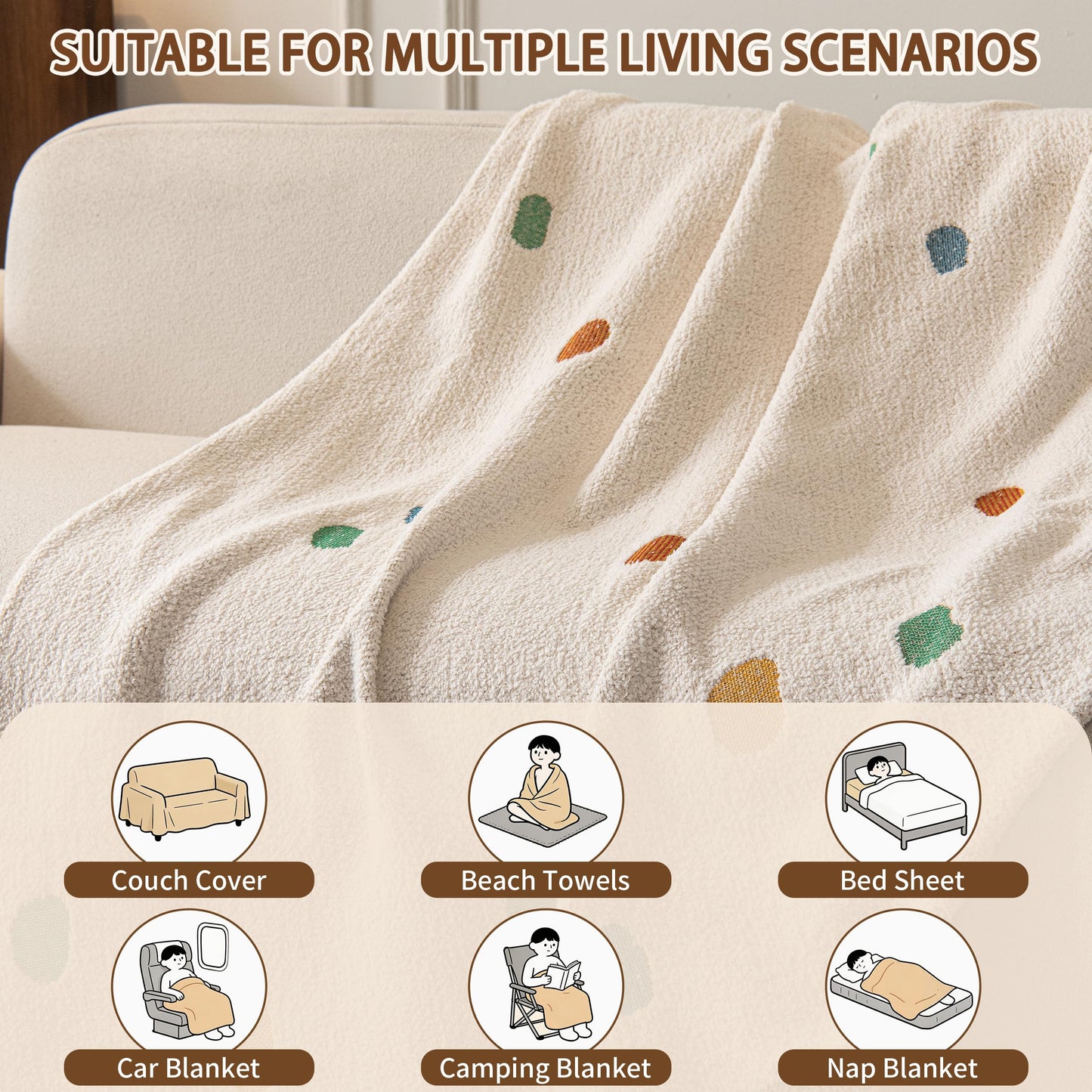 KaviKon Couch Covers for Dogs, Sofa Covers for 3 Cushion Couch, Plush Couch Blanket Cover Sectional Washable, Sofa Slipcover Protector, Slip Covers for Sofas High-Gram Weight, Dots Beige, 71" ×118"