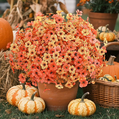 Alupssuc 24 Bundles Autumn Artificial Flowers Outdoor Decorations, Silk Violet Plastic Fake Flower Plants for Hanging Baskets Garden Porch Window Home Vases Wedding Farmhouse Decor, Orange and Red