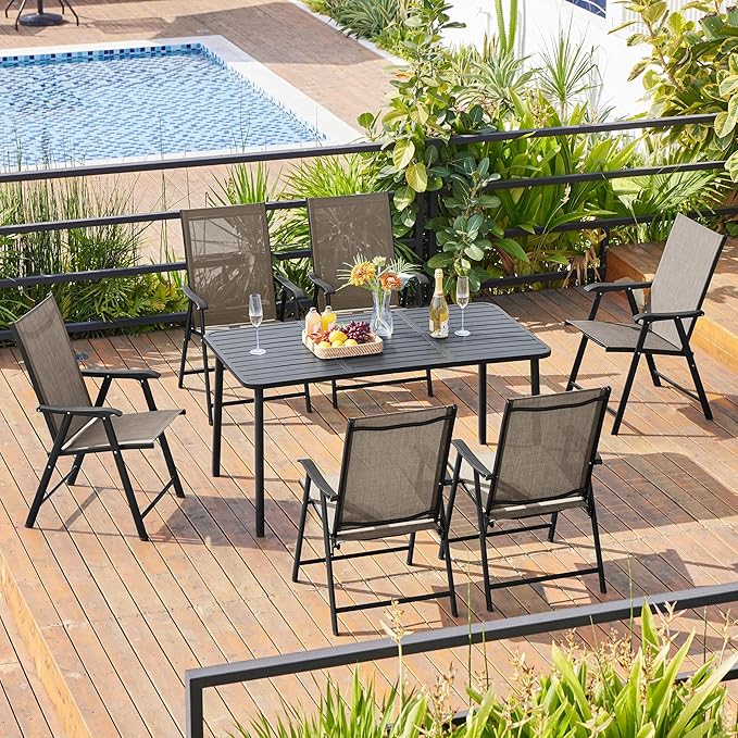 Yaheetech Outdoor Patio Chairs Set of 4, Portable Dining Chairs with Armrests for Camping, Lawn Yard Beach, Folding Outdoor Chairs 4-Pack with Metal Frame, Brown