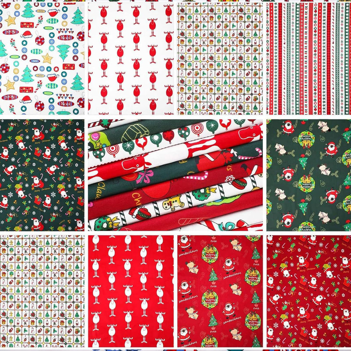 10 Pieces Christmas Cotton Fabric Bundles 18 x 22 Inch Quilting Fabric Sewing Squares Bundle Multicolor Patchwork Xmas Tree Fat Quarters Precut Santa Claus Scraps for Christmas DIY