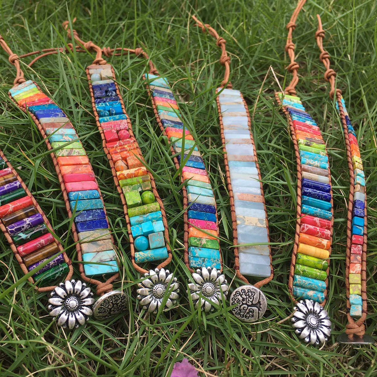sedmart 7 Chakra Bracelets for Women with Real Stones Leather Wrap Healing Bead Bracelet Women Men Boho Friendship Jewelry… (Flower Button & Turquoise)