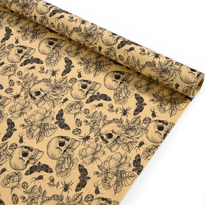 Bolsome Kraft Skull Wrapping Paper Goth Rose Skull Patterned Gift Wrap Paper Roll for Halloween Party Baby Shower Birthday Party Packaging Supplies, 17 Inches × 33Ft