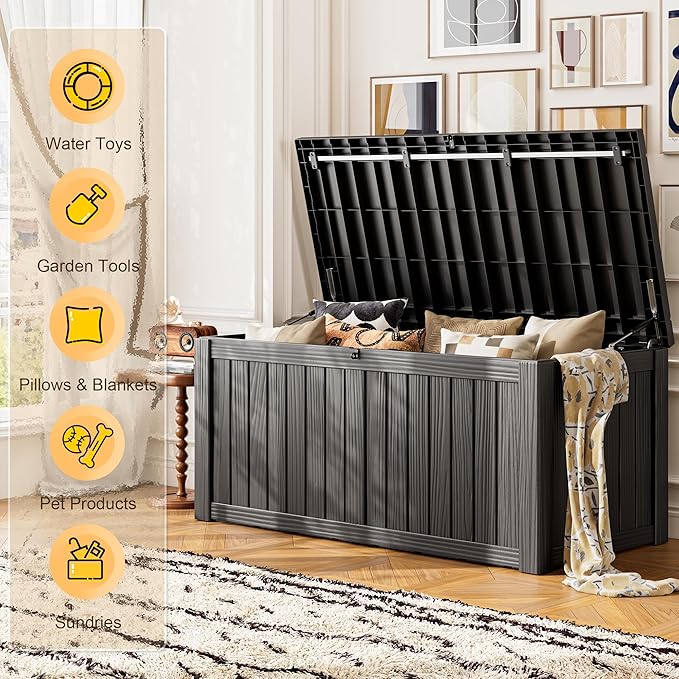 Outdoor Storage Box, Resin Deck Boxes Indoor and outdoor, Waterproof Storage Box Lockable Lid (Black, 120 Gallon)