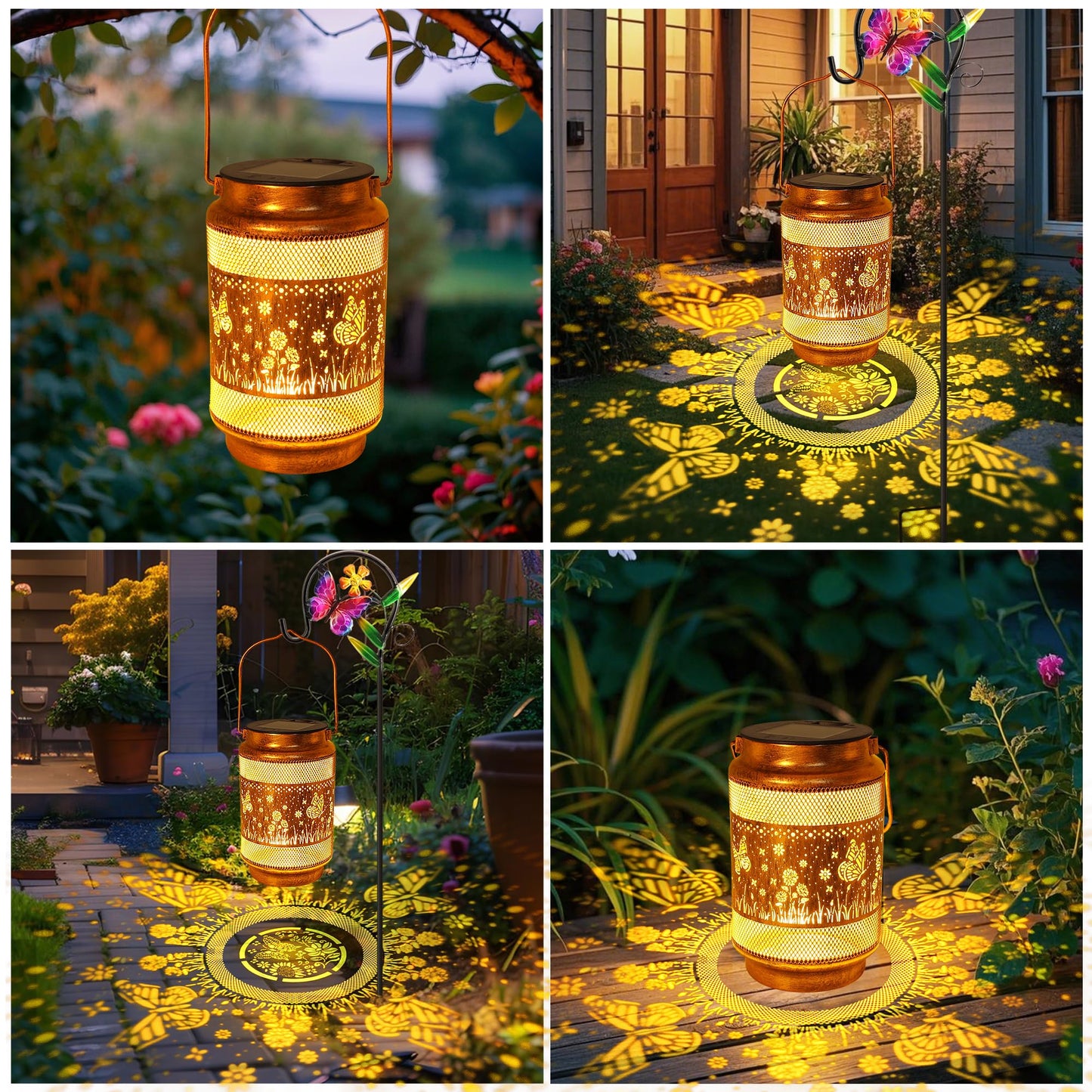 2 Pack Butterfly Solar Lanterns Outdoor Waterproof Solar Garden Decor, Birthday Gifts for Mothers Day Women Mom Grandma, Metal Hanging Lights with Shepherd Hook for Outside Yard Patio Pathway Porch