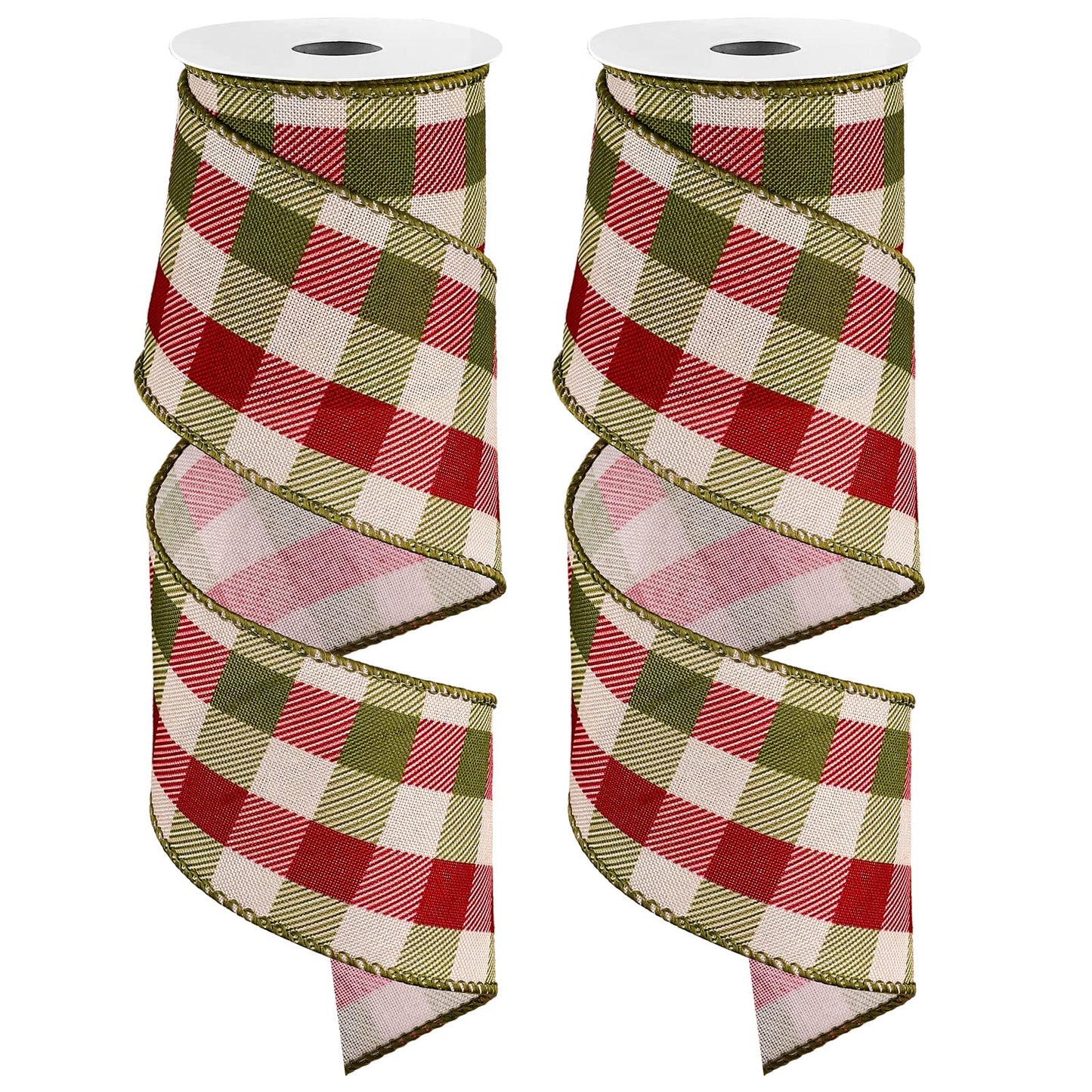 Whaline 2 Rolls Wired Edge Plaids Ribbon - Christmas Buffalo Check Red Green, 2.5 Inch Farmhouse Craft for DIY Gift Wrapping, Wreath, Xmas Tree Bow Decoration, 10 Yards