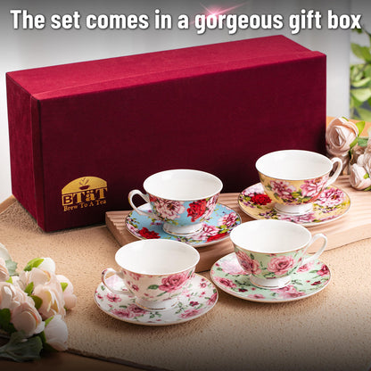 BTaT- Floral Tea Cups and Saucers Set of 4 (8 oz), Porcelain Tea Cup Sets with Gold Trim & Gift Box, Dishwasher & Freezer Safe, Mothers Day Gift
