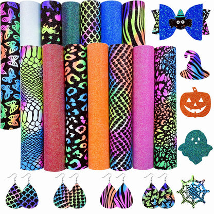 Shalun 14 pcs/Pack A4 Black Rainbow Animal Faux Leather Sheets Bright Neon Glow in The Dark Glitter Halloween Autumn PU Canvas for Cricut Sewing Embroidery 8x12 inch