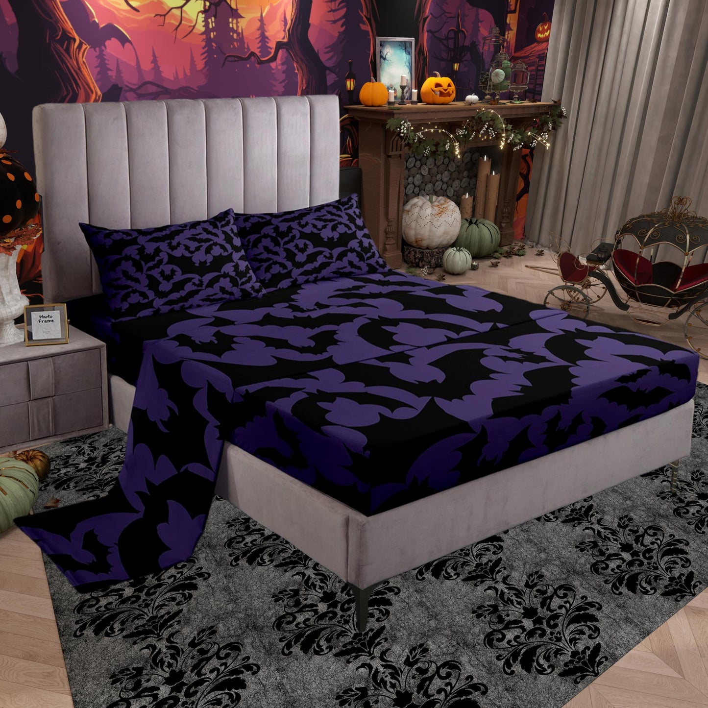 Castle Fairy Halloween Themed Full Fitted Sheet 4pcs,Black Bats Animal Print Bed Sheet Set for Girls Teens Bedroom,Dark Purple Color Polyester Bedding Set with 1 Flat + 2 Pillowcases