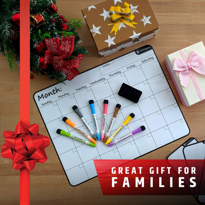 Large Dry-Erase Magnetic Monthly Calendar + Free Bonus: 3 Grocery/to-Do List Whiteboards (Organizer/Planner) for Kitchen Fridge - Full Set: 8 Markers + Eraser | Stain Free | Horizontal