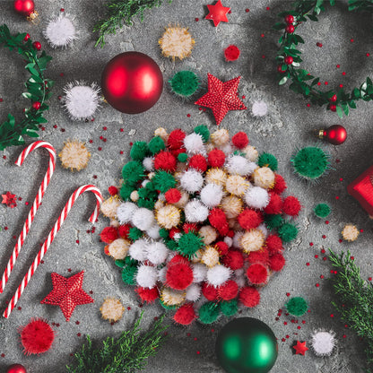 BQTQ 1200 Pieces Christmas Pom Pom Tinsel Balls Glitter Fluffy for Craft Making and Decorations (4 Sizes, Gold, White, Green, Red)