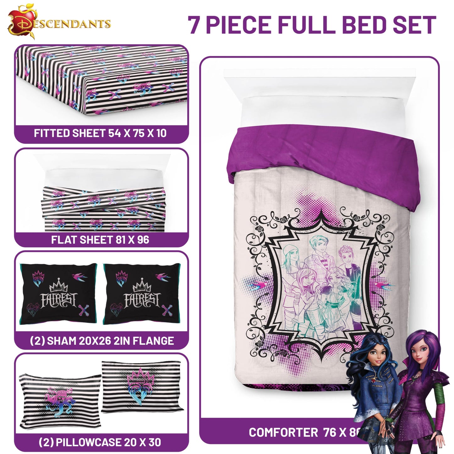 Jay Franco Kids Comforter Set Includes Sheets and Pillow Cover - Soft and Cozy Bed Set for Stylish Room Décor, Multi - Descendants, 7 Piece Full
