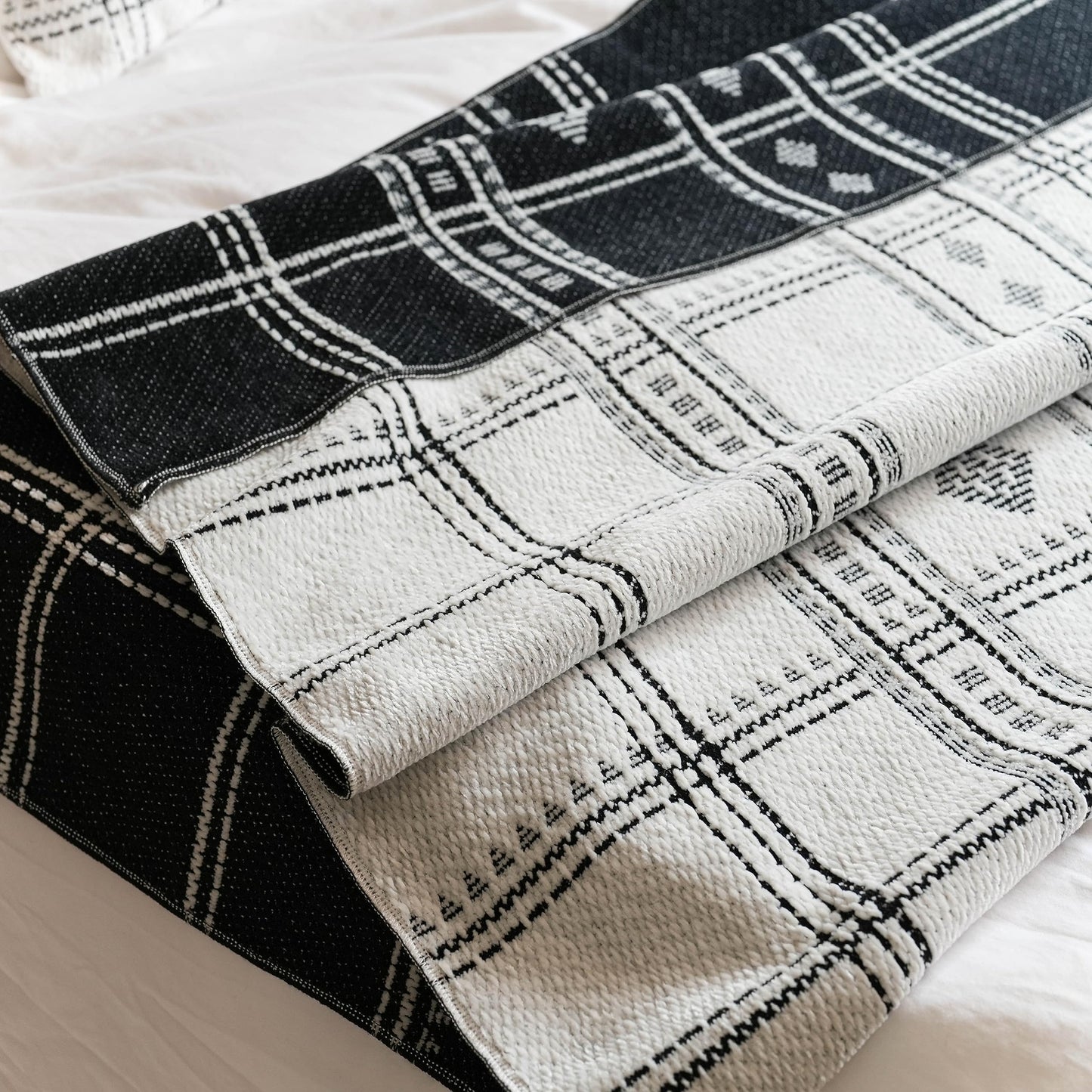 BlissBlush White Black Boho Throw Blanket, Warm Soft Comfy Chenille 55x65, Textured Dual Sided Reversible Blanket for Couch Bed, Skin Friendly