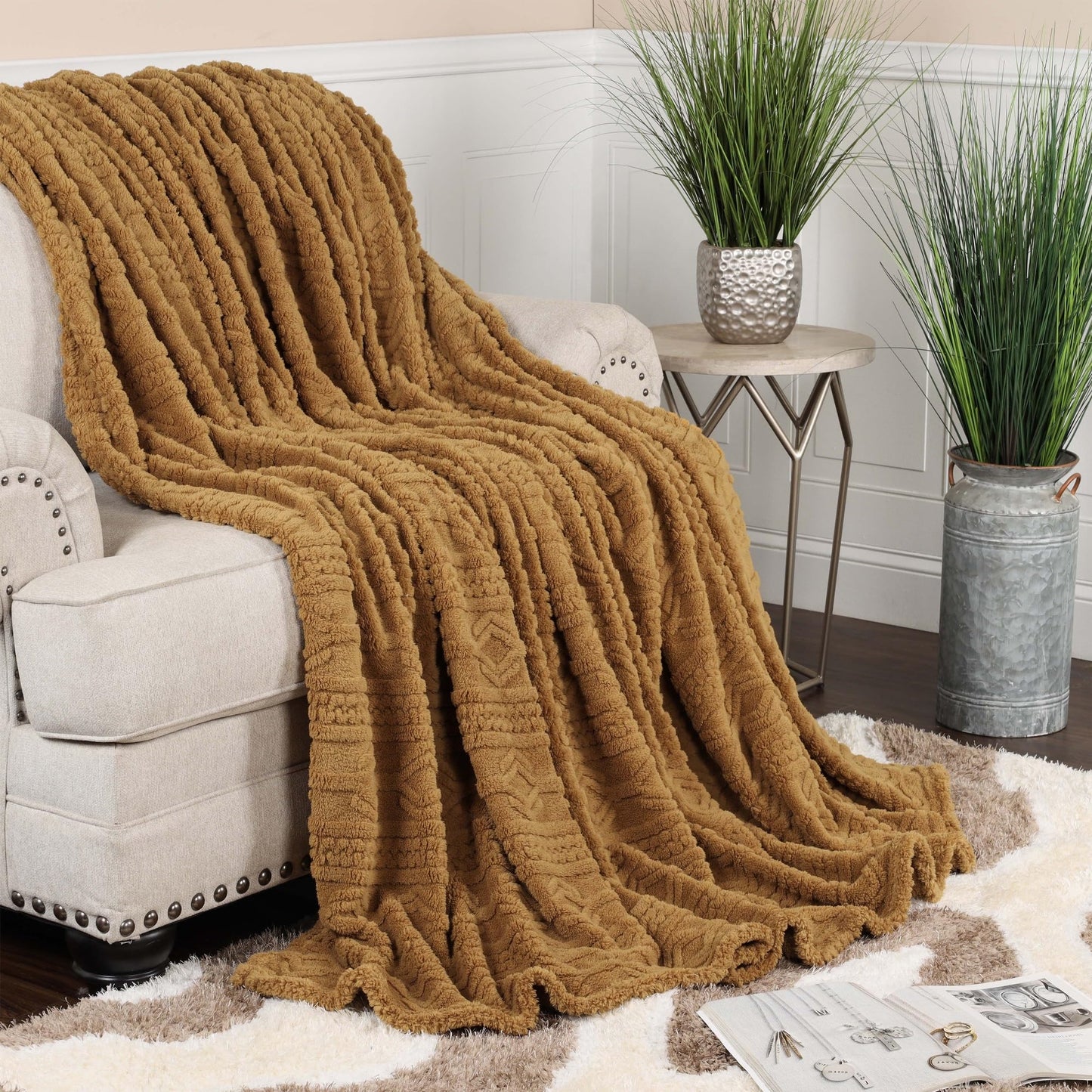 Superior Fleece Boho Jacquard Blanket, Decorative Blankets for Bedroom, Sofa, Fuzzy, Plush, Fluffy, Soft, Cute Room Decor, Beautiful Cover, Comfort Essentials, Arctic Collection, King, Camel
