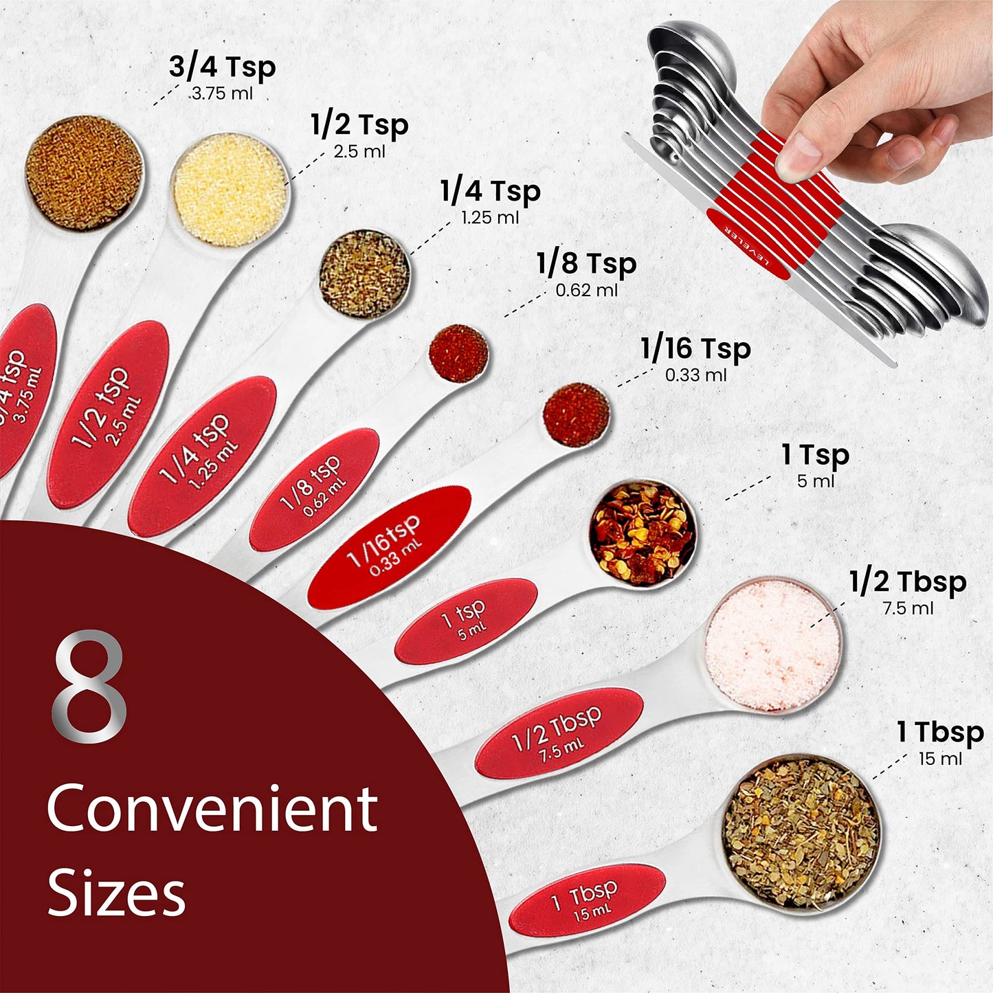 Magnetic Measuring Spoons Set of 9 Stainless Steel Dual-Sided Stackable Measuring Spoon Nesting Teaspoons Measuring Dry and Liquid Ingredients, Fits in Spice Jars Set of 9 (Red)