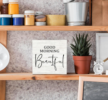 SRADMO Good Morning Beautiful Wood Box Sign Desk Decor,Rustic Wooden Block Box Sign Decoration For Home Bedroom Bathroom Shelf Table Decor