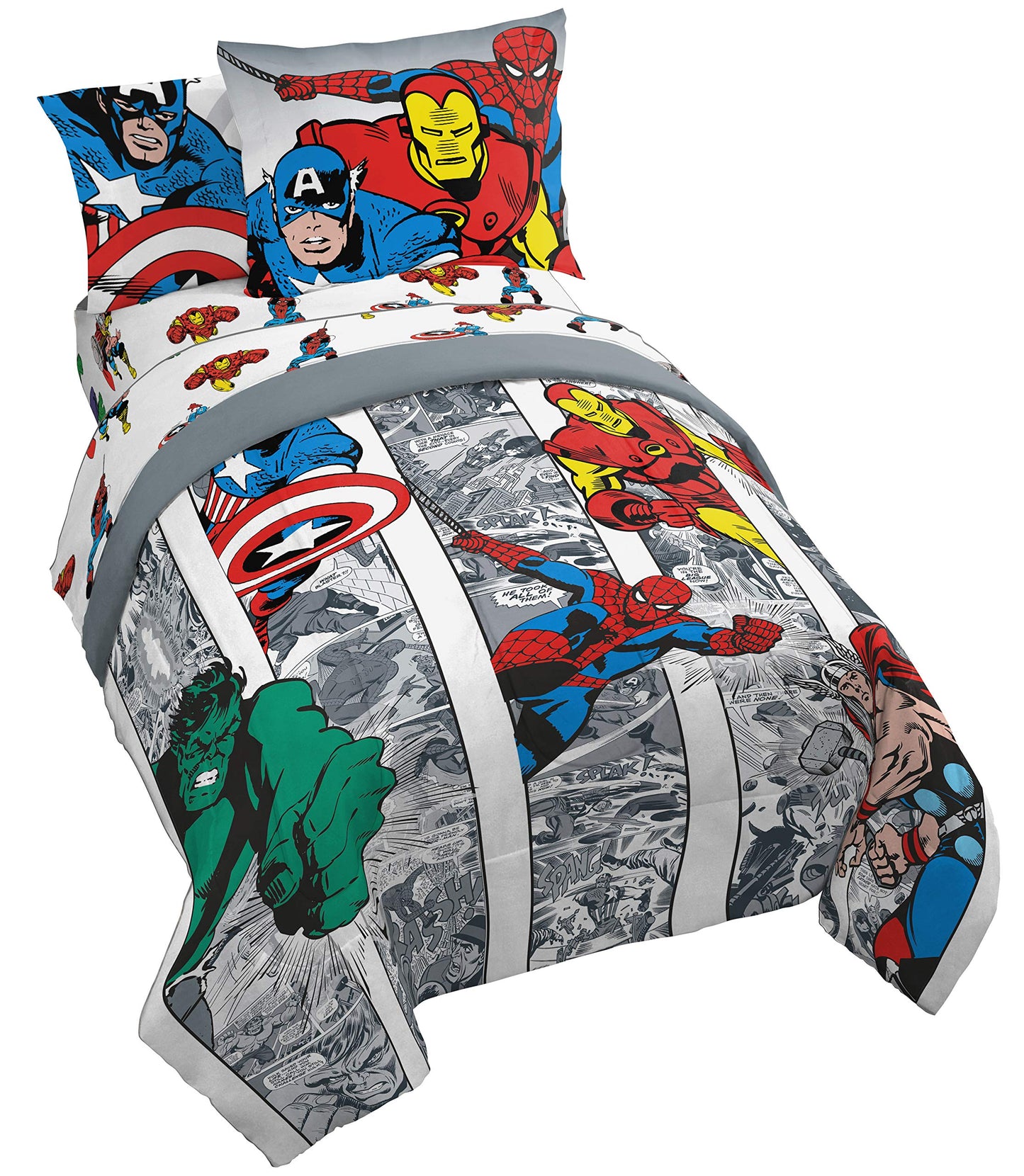 Jay Franco Marvel Avengers Comic Cool 7 Piece Full Bed Set - Includes Comforter & Sheet Set - Bedding Features Captain America, Spiderman, Iron Man, Hulk, & Thor - Super Soft