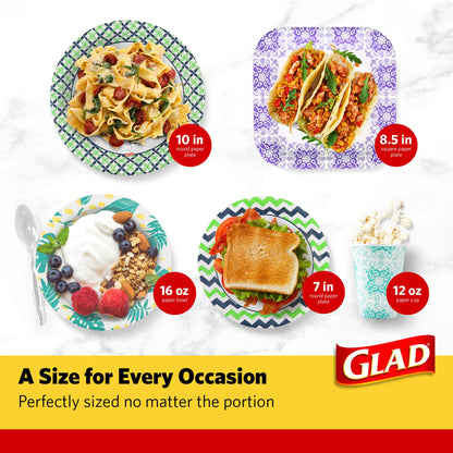 Glad Round Disposable Paper Bowls, Blue Mosaic Design - Heavy Duty, Soak-Proof, Cut-Resistant, Microwavable Paper Bowls for All Foods, Daily Use, and Special Occasions, 16 oz, 50 Count