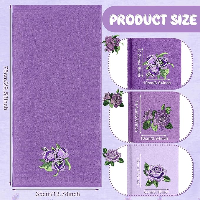 3 Pcs Purple Rose Hand Towels Lavender Purple Bathroom Decor Embroidered Floral