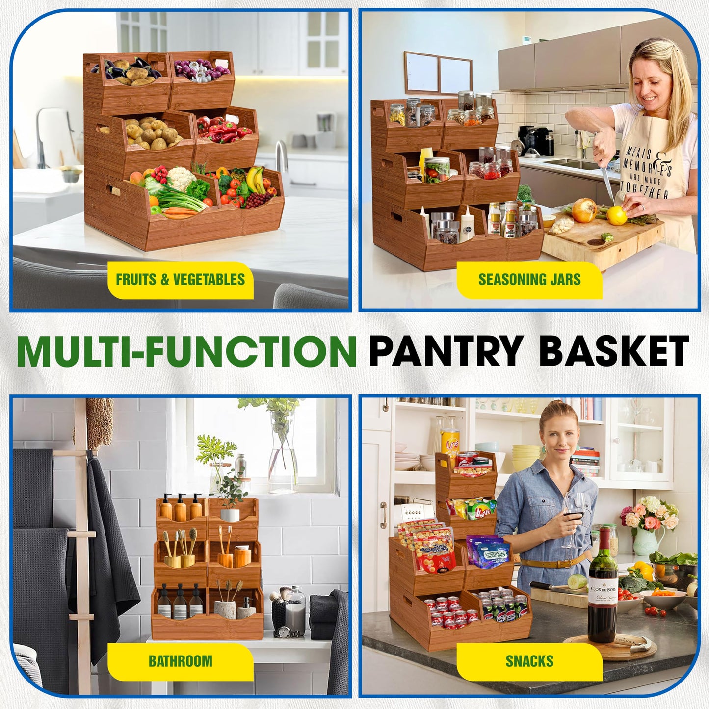 [Upgraded] 3-tier Stackable Bamboo Pantry Storage Bins, Potato and Onion Storage Baskets with Handles, Removable Divider, Pantry Organizer Holder for Kitchen, Office, Cabinet, Fruit Storage (Walnut)