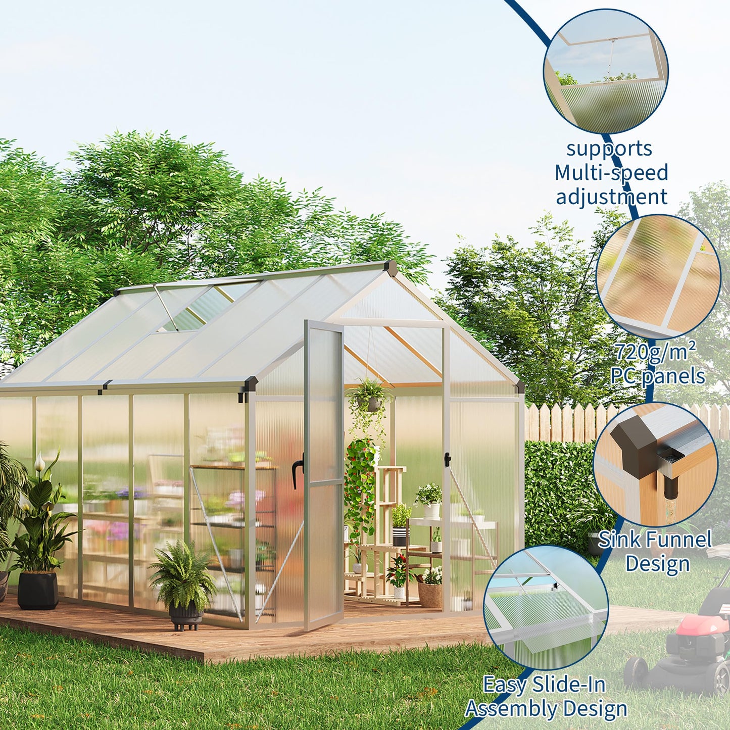 6x10 ft Walk-in Greenhouse, Polycarbonate Panels with Reinforced Aluminum Frame, Large Garden Green House for Planting and Seed Starting, Quick-Assembly Structure with Adjustable Roof Vent