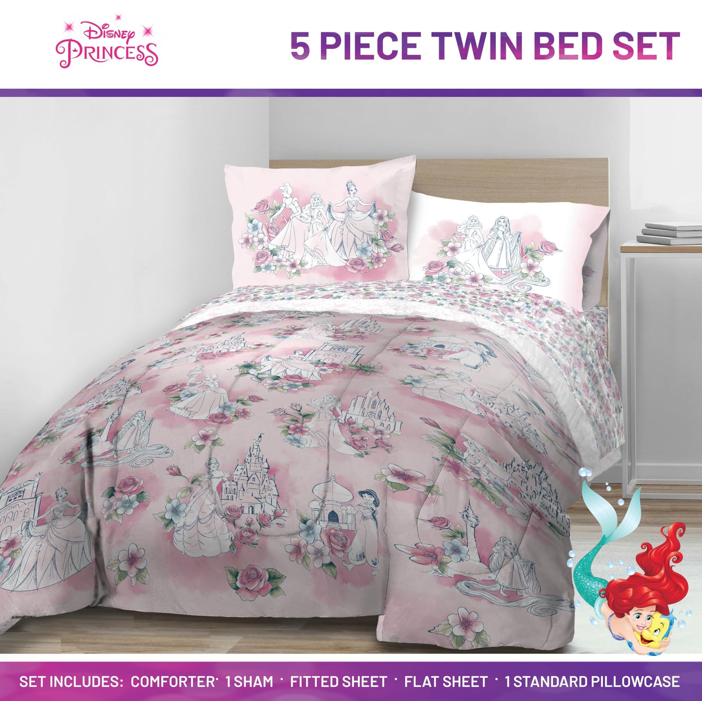 Jay Franco Kids Comforter Set Includes Sheets and Pillow Covers - Soft and Cozy Bed Set for Stylish Room Decor, Pink - Disney Princess, 5 Piece Twin Bedding