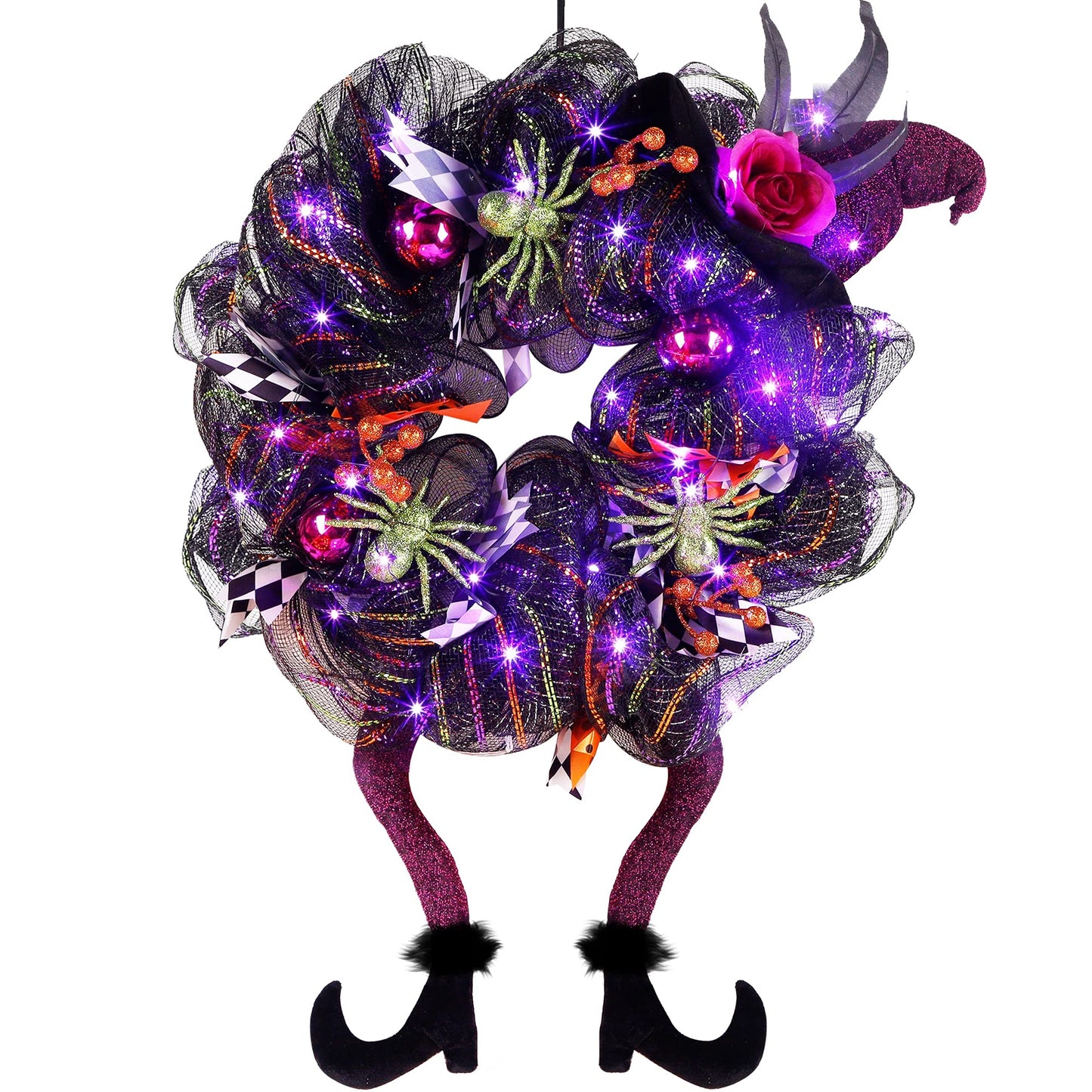 Lulu Home Halloween Front Door Wreath, Purple LED Lighted Witch Hat Wreath, Battery Operated, NOT PRELIT