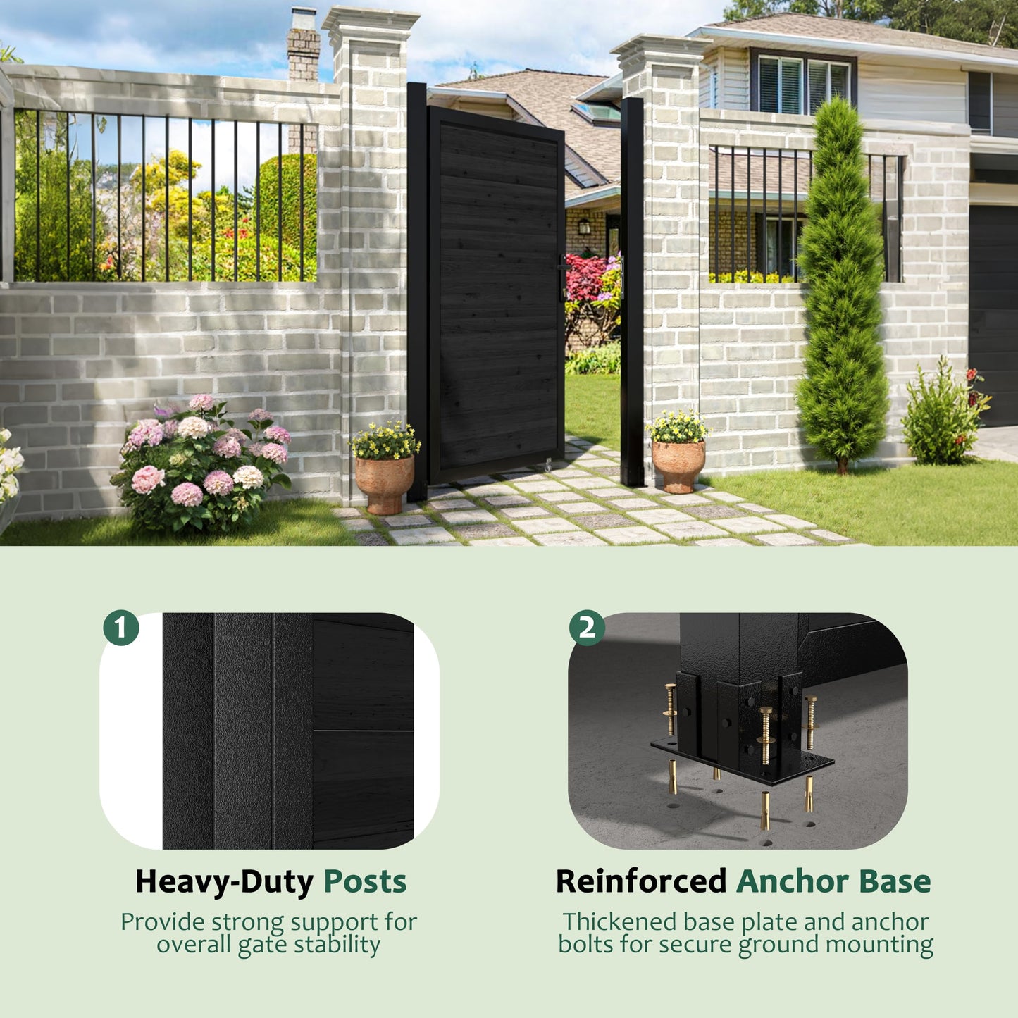 MUPATER 6×3 FT Outdoor Garden Gate, Privacy Fence Gate with Aluminum Frame & Cedar Wood Panels, Lockable Handle & Caster Wheel, Reversible Swing Direction for Patio, Yard, Garden, Black