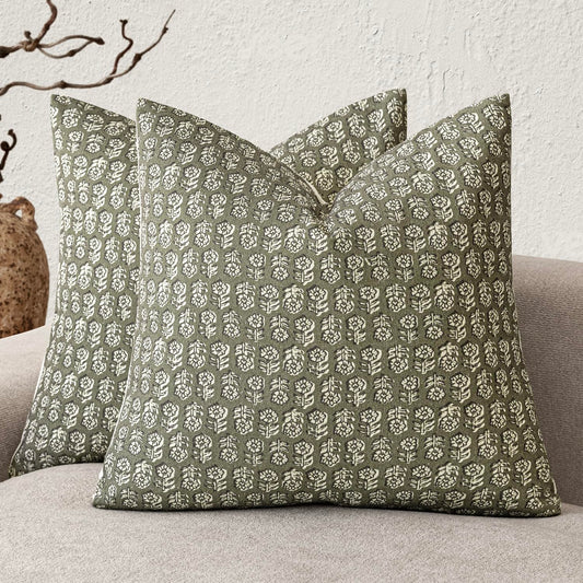 Foindtower Set of 2 Decorative Vintage Floral Print Throw Pillow Covers Neutral Modern Farmhouse Cushion Covers Boho Home Decor for Sofa Chair Couch Bedroom Living Room,18×18 Inch,Tan Taupe
