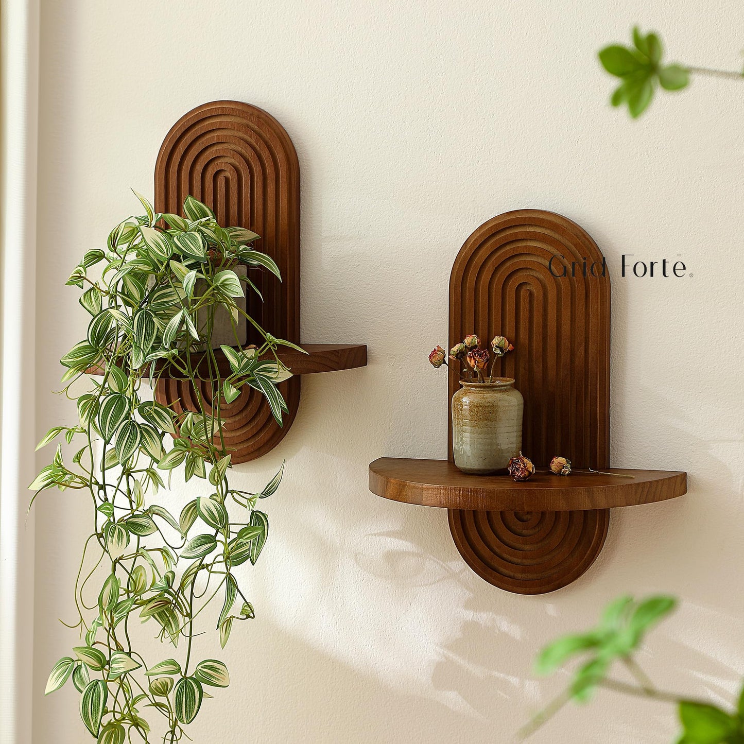 GRID FORTE Modern Wall Shelf (Set of 2) with Arched Wood Design Mid-Century Single Floating Rainbow Shelves for Indoor Decoration Holding Planter Ornaments, 14 x 11.6 Inch (Walnut)