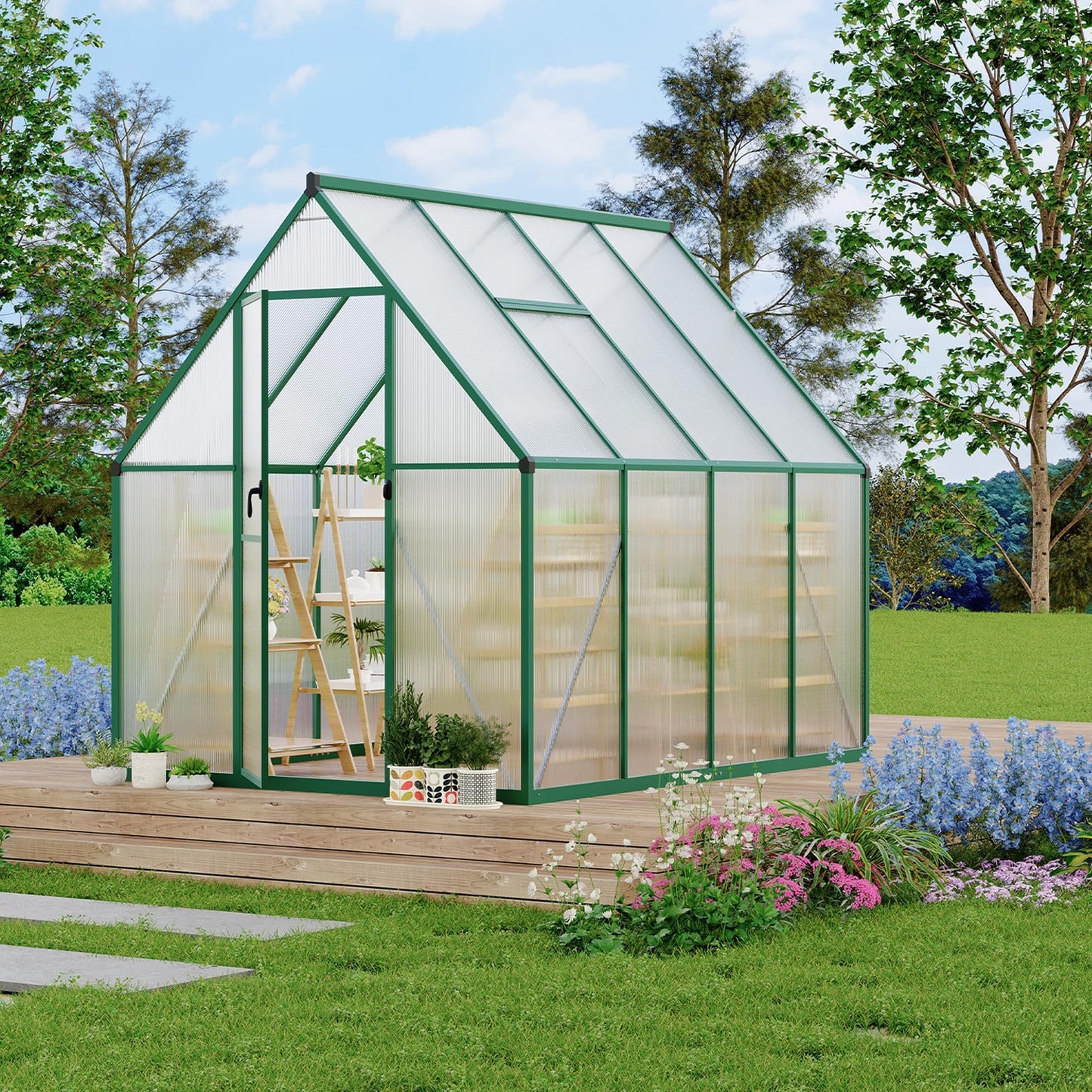 6x7 ft Heavy Duty Polycarbonate Walk-in Greenhouse with Reinforced Aluminum Frame, Adjustable Roof Vent, and UV Protection Panels for Outdoor Backyard Gardening and Year-Round Plant Care